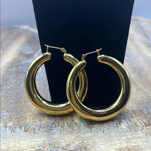 Sleek Gold Hoop Earrings with Modern Design 1 1/2” Round. Gold Tone Earrings - Picture 3 of 10